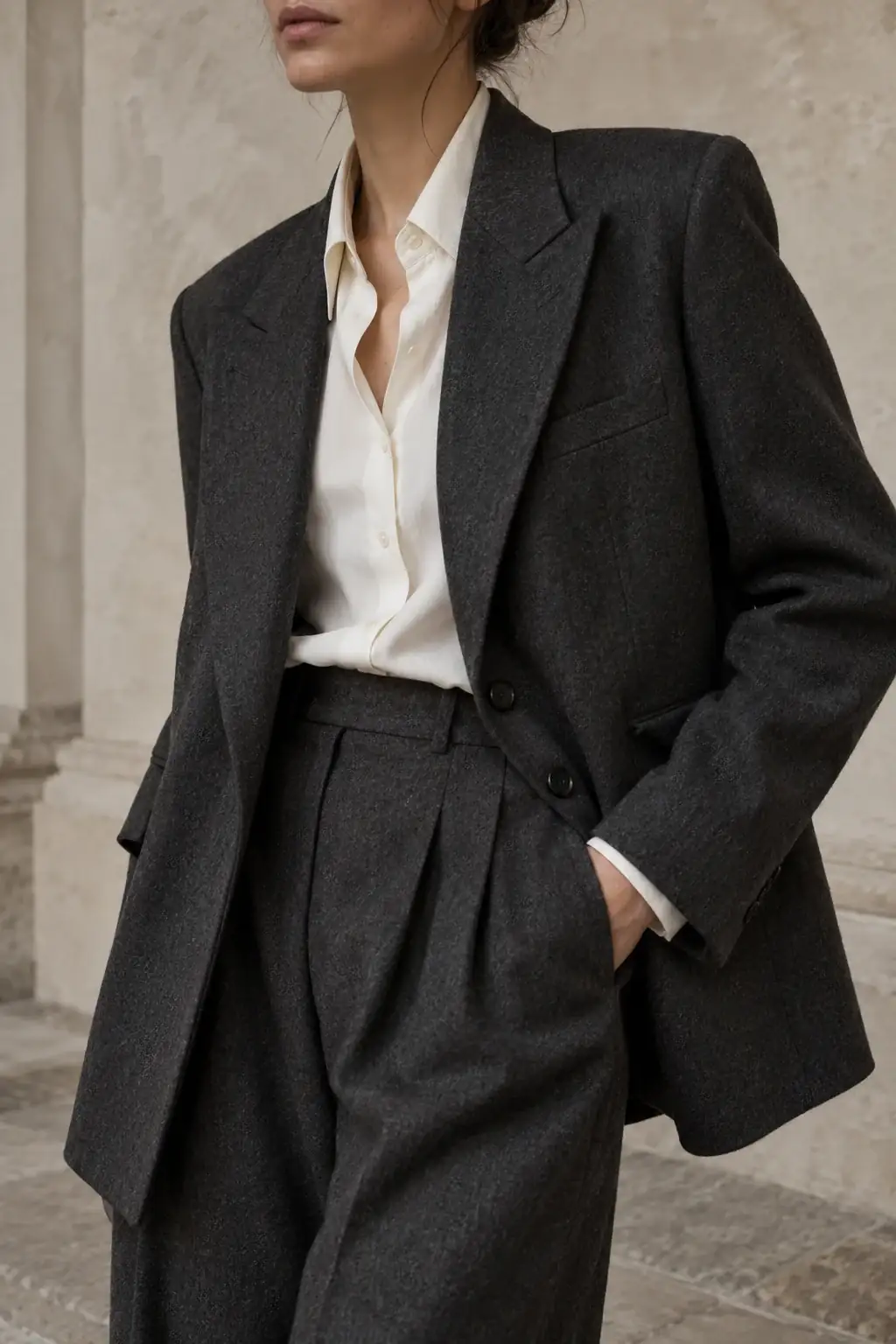 Referencia editorial de un blazer grafito: solapa, botón y caída.